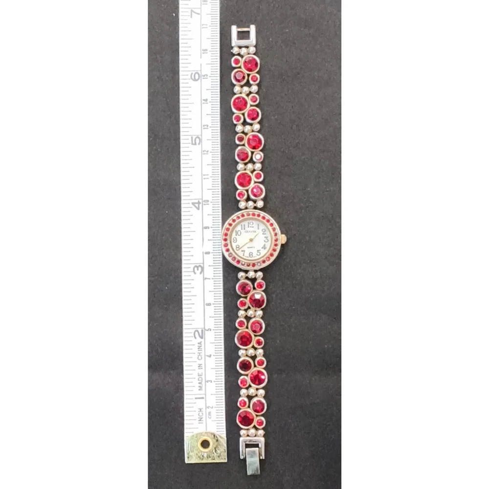 Vintage Geneva Watch Women's Round Silver Tone Red Crystals Inset MOP #W5156